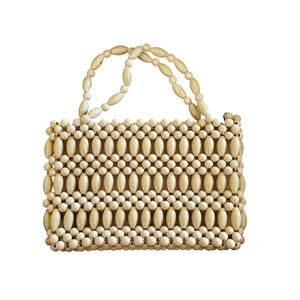 Vintage Handmade Beaded Handbag with Zipper‎ Closure & Interior Pocket - Beige